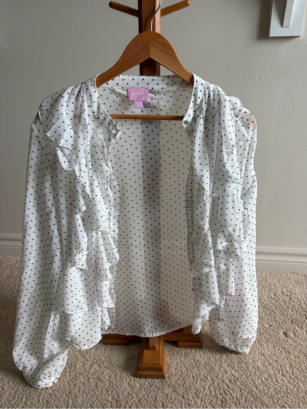 Muse White Polka Dot Ruffle Open Cardigan Blouse